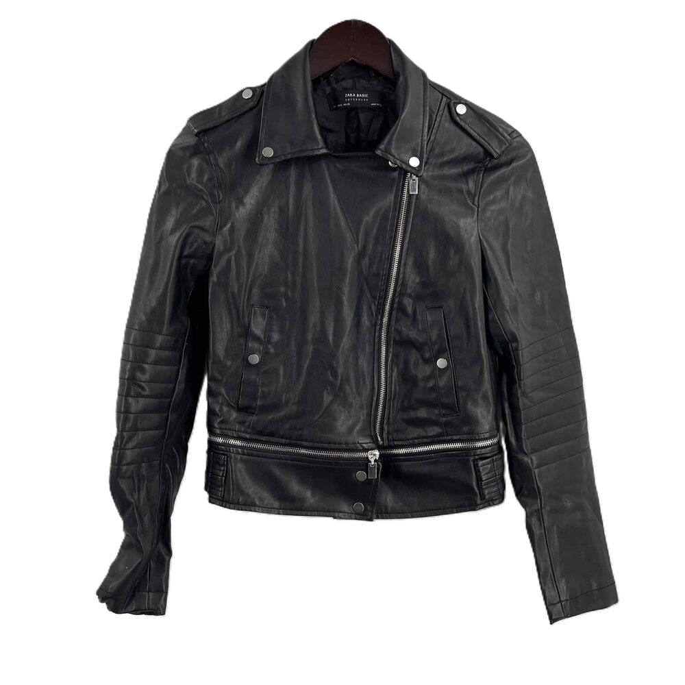 Zara Black Vegan Leather Moto Jacket Asymmetrical Zipper Edgy Womens Small